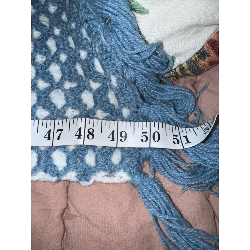 Handmade Crocheted Afghan Blanket Blue & White With Tassels 57x55 Reversible